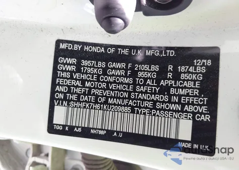 2019 Honda Civic Ex z USA, uszkodzony, nr VIN SHHFK7H61KU209885